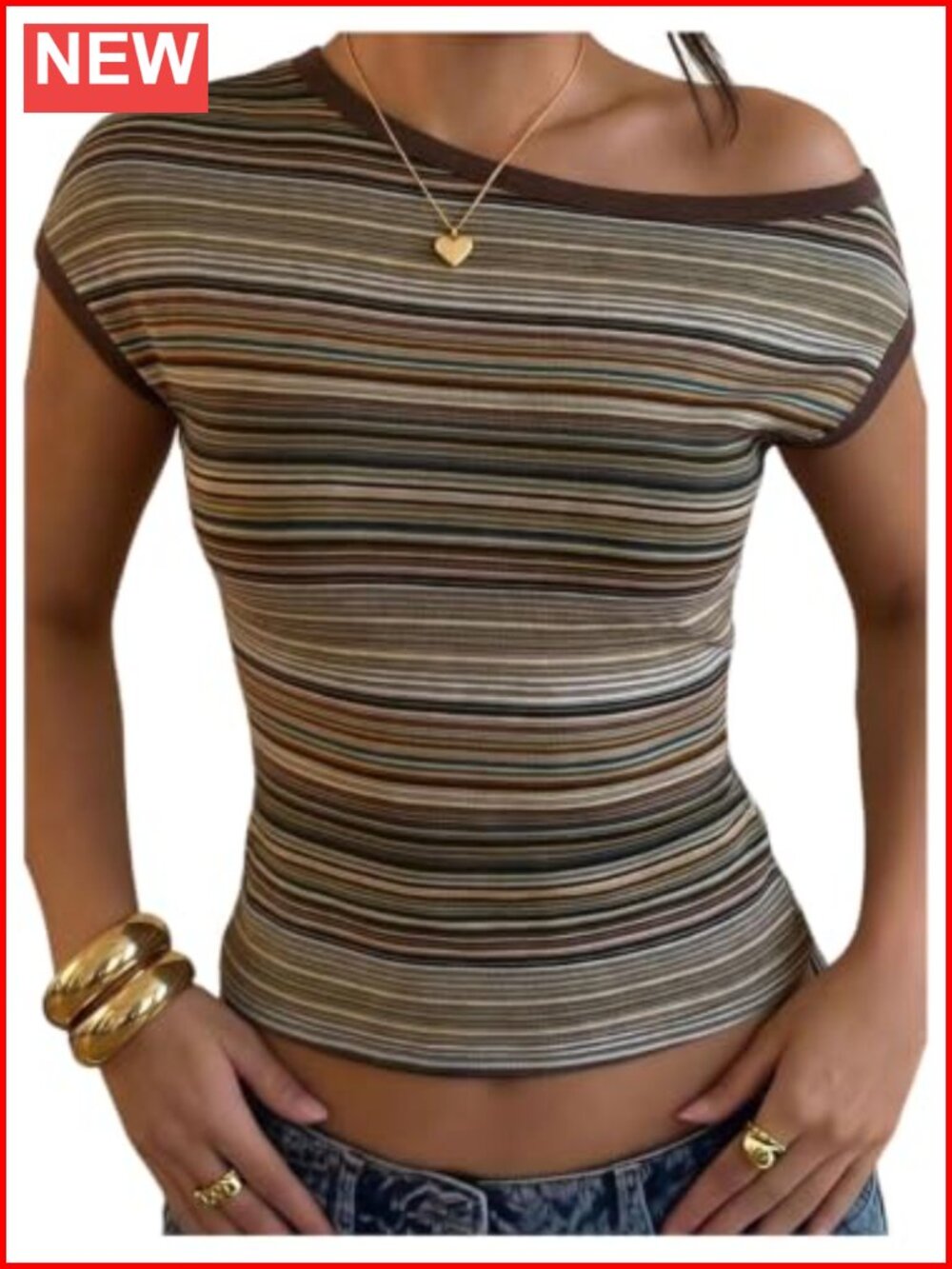 Striped Short Sleeve Off Shoulder Asymmetrical Neck Casual T Shirt